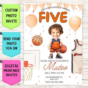 Faire-part d'anniversaire de basket-ball, faire-part d'anniversaire avec photo de visage personnalisée, carte de célébration numérique personnalisée pour fête d'anniversaire de basket-ball