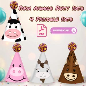 Tier Partyhüte zum Drucken, druckbare Geburtstag Partyhut, Tier erster Geburtstag Partyhut, sofortiger Download druckbare Vorlage