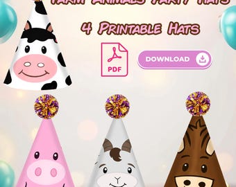 May include: Four printable party hats featuring farm animals. The hats are cone-shaped with a pom-pom on top. The animals are a cow, pig, goat, and bull. The text on the image reads "Farm Animals Party Hats" and "4 Printable Hats".