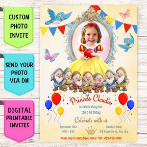 Faire-part d'anniversaire princesse blanche comme neige Faire-part d'anniversaire avec photo de visage personnalisée numérique carte de célébration personnalisée pour fête d'anniversaire de filles