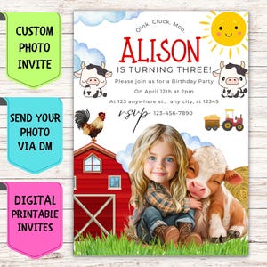 Convite de aniversário de fazendeiro com bezerro, convite de aniversário com foto de rosto personalizado, cartão de comemoração digital personalizado para festa de aniversário de fazendeiro