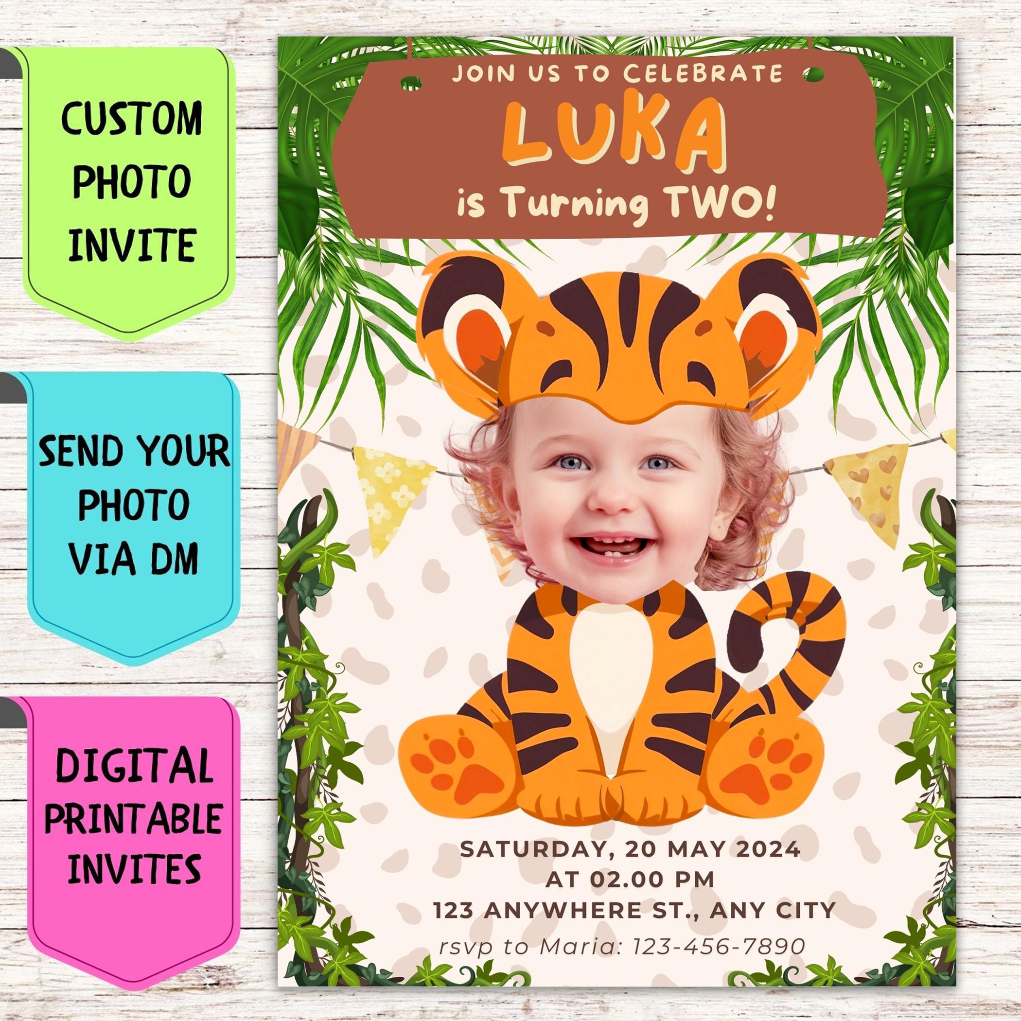 Safari Tiger Birthday Invitation Custom Face Photo Birthday Invitation Digital Personalized Celebration Card for Kids' Birthday Animal Party