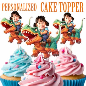 Girl Riding Dinosaur Cupcake Topper, Personalized Dinosaur Cupcake Topper, Printable Custom Photo T-Rex and Girl Cake Topper, Birthday Decor