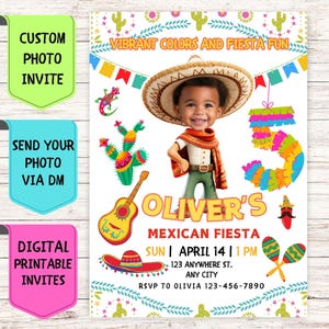 Convite de aniversário mexicano personalizado com foto de rosto Convite de aniversário Cartão de celebração personalizado digital para festa de aniversário mexicana