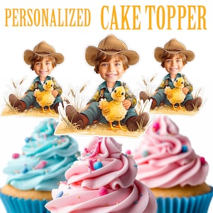 Boy with Chicken Cupcake Topper, Personalized Farmer Cupcake Topper, Printable Custom Photo Boy with Chicken Cupcake Topper, Birthday Decor