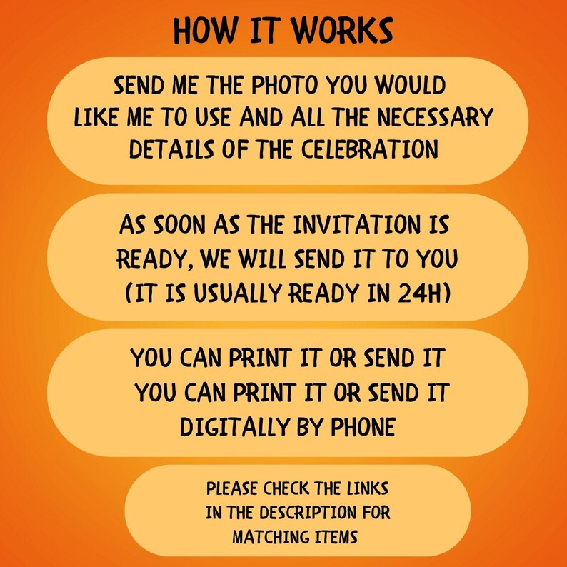 May include: Orange background with white text explaining how to order a custom invitation. The text says "How it works", "Send me the photo you would like me to use and all the necessary details of the celebration", "As soon as the invitation is ready, we will send it to you (it is usually ready in 24h)", "You can print it or send it digitally by phone", and "Please check the links in the description for matching items".