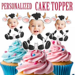 Cow Cupcake Topper, Personalized Cow Cupcake Topper, Printable Custom Photo Cow Cupcake Topper, Birthday Decor, Animal Toppers, Farm Topper