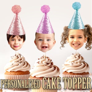 Party Hat Head Photo Cupcake Toppers, Personalized Party Hat Cupcake Topper, Printable Custom Photo Cupcake Topper, Birthday Decor