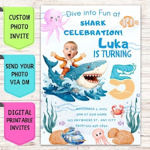 Convite de aniversário de tubarão, convite de aniversário com foto de rosto personalizado, cartão de comemoração digital personalizado para festa de aniversário de tubarão infantil