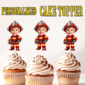 Topper per cupcake pompiere, Topper per cupcake con viso pompiere personalizzato, Topper per cupcake con foto personalizzata stampabile, Decorazione di compleanno
