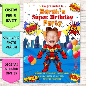 Convite de aniversário de super-herói, convite de aniversário com foto de rosto personalizado, cartão de comemoração digital personalizado para festa de aniversário de super-herói