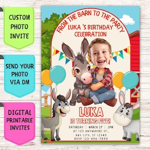 Convite de aniversário de burro, convite de aniversário com foto de rosto personalizado, cartão de comemoração digital personalizado para festa de aniversário de animais para crianças
