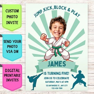 Invito di compleanno di karate, invito di compleanno con foto personalizzata, biglietto di auguri digitale personalizzato per la festa di compleanno di karate dei bambini