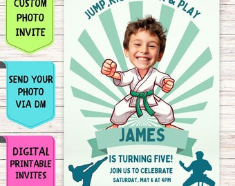 Karate Birthday Invitation, Custom Face Photo Birthday Invitation, Digital Personalized Celebration Card for Kids&#39; Birthday Karate Party