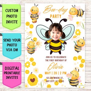 Honey Bee verjaardagsuitnodiging, aangepaste gezichtsfoto verjaardagsuitnodiging, digitale gepersonaliseerde feestkaart voor Kids' Birthday Bee Party