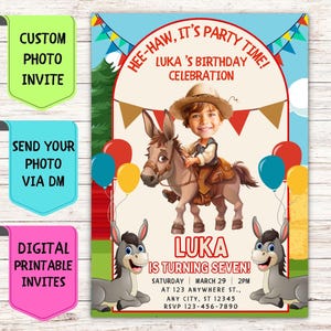 Convite de aniversário de burro, convite de aniversário com foto de rosto personalizado, cartão de comemoração digital personalizado para festa de aniversário de animais para crianças