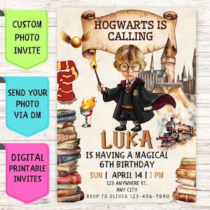 Convite de aniversário de bruxo, convite de aniversário com foto de rosto personalizado, cartão de comemoração digital personalizado para festa de aniversário de bruxo infantil