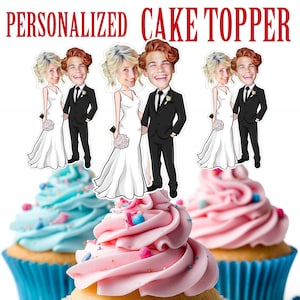 Coppia sposata Topper per torta, Topper per cupcake viso personalizzato per sposa e sposo, Topper per cupcake per matrimonio con foto personalizzate stampabili, Decorazione per matrimonio