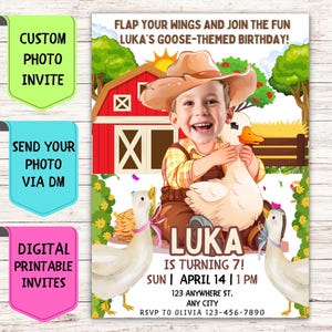 Convite de aniversário de fazendeiro com ganso, convite de aniversário com foto de rosto personalizado, cartão comemorativo digital personalizado para festa de aniversário de fazendeiro