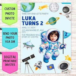 Astronauten Geburtstagseinladung, Foto Geburtstagseinladung mit benutzerdefiniertem Gesicht, digitale personalisierte Feierkarte für die Astronauten-Geburtstagsfeier