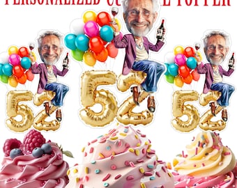Puede incluir: Tres adornos para cupcakes con una caricatura de una persona con barba y gafas sosteniendo una copa de vino. La persona está sentada encima de globos de oro que deletrean el número "52". Cada adorno tiene un grupo de globos de colores detrás de la persona.