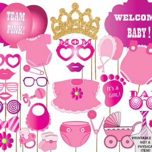 Baby Shower Photo Booth Props: &quot;GIRL BABY SHOWER&quot; It&#39;s A Girl Booth Props,Team Pink,Printable Party Props,Baby Shower Photobooth Props