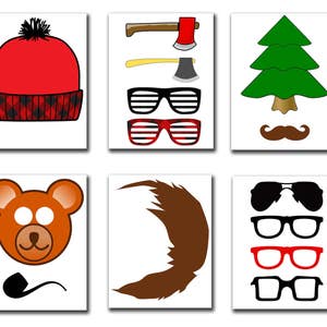 May include: A set of printable photo booth props featuring a red and black lumberjack hat, a green Christmas tree, a brown mustache, a brown bear face, a brown beard, and three pairs of glasses: black sunglasses, red-rimmed glasses, and black-rimmed glasses.