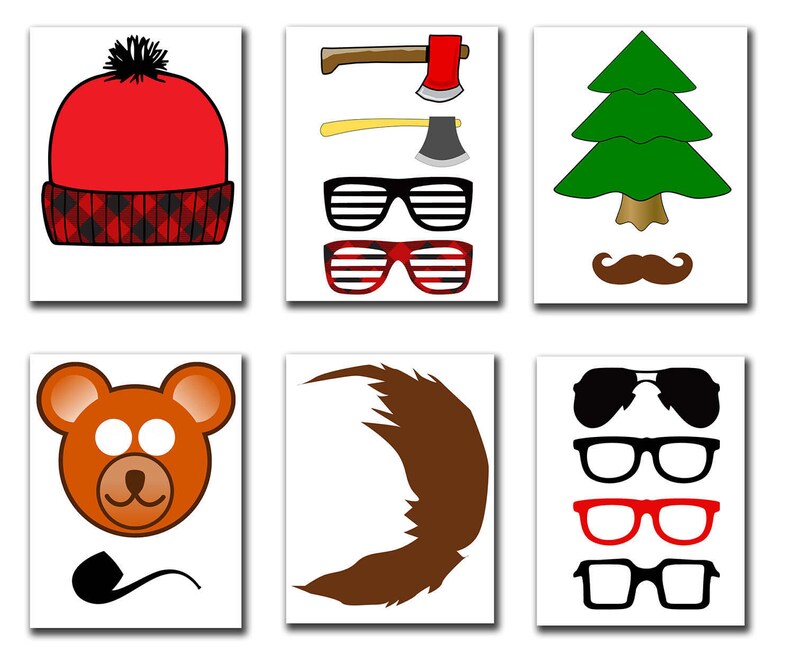 May include: A set of printable photo booth props featuring a red and black lumberjack hat, a green Christmas tree, a brown mustache, a brown bear face, a brown beard, and three pairs of glasses: black sunglasses, red-rimmed glasses, and black-rimmed glasses.