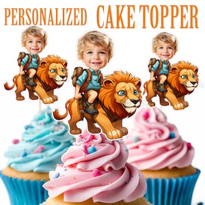 Boy and Lion Cupcake Topper, Personalized Safari Cupcake Topper, Printable Custom Photo Safari Boy on Lion Cupcake Topper, Birthday Decor