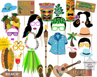 Hawaiian photo booth props: "LUAU PHOTO PROPS" Hawaiian party props,Summer beach party,Summer holiday props,Luau party supplies,Printable