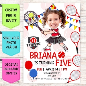 Faire-part d'anniversaire tennis, faire-part d'anniversaire avec photo de visage personnalisée, carte de célébration numérique personnalisée pour fête de tennis d'anniversaire d'enfant