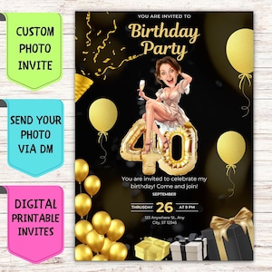 Convite de aniversário com rosto de mulher com idade Convite de aniversário com foto de rosto personalizado Cartão de celebração digital personalizado para festa de aniversário de menina