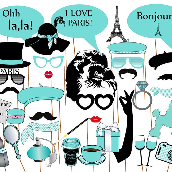 Breakfast at Tiffany's Photo Booth Props: "PARIS PARTY PROPS" Printable photo props,Audrey Hepburn,Bridal Shower props,Bachelorette Party