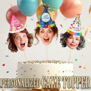 Party Hat Head Photo Cupcake Toppers, Personalized Party Hat Cupcake Topper, Printable Custom Photo Cupcake Topper, Birthday Decor