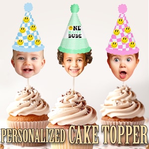 Party Hat Head Photo Cupcake Toppers, Personalized Party Hat Cupcake Topper, Printable Custom Photo Cupcake Topper, Birthday Decor