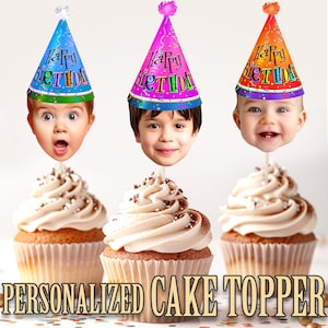 Party Hat Head Photo Cupcake Toppers, Personalized Party Hat Cupcake Topper, Printable Custom Photo Cupcake Topper, Birthday Decor