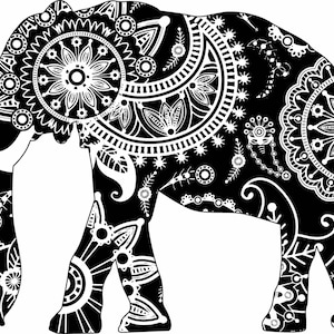 May include: A black and white elephant illustration with intricate mandala-style patterns. The design features detailed floral and geometric shapes, creating a striking contrast. The elephant's silhouette is fully filled with the decorative elements.