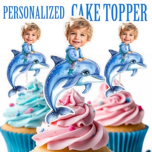 Boy Riding Dolphin Cupcake Topper, Personalized Marine Cupcake Topper, Printable Custom Photo Dolphin and Boy Cupcake Topper, Birthday Decor