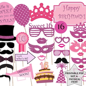 Sweet 16 Photo Booth  Props: &quot;SWEET 16 PHOTOBOOTH&quot; Sweet sixteen props Printable sweet 16 Birthday party props 16th birthday sweet 16 party