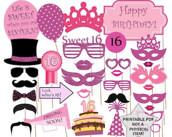 Sweet 16 Photo Booth  Props: "SWEET 16 PHOTOBOOTH" Sweet sixteen props Printable sweet 16 Birthday party props 16th birthday sweet 16 party