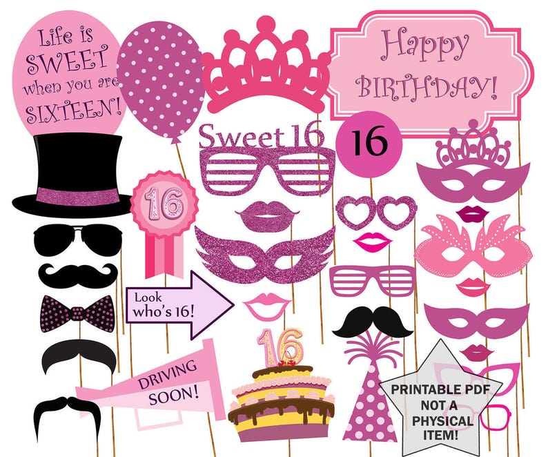 Sweet 16 Photo Booth Props: SWEET 16 PHOTOBOOTH Sweet sixteen props Printable sweet 16 Birthday party props 16th birthday sweet 16 party image 1