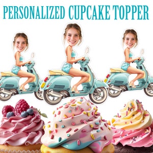 Girl Driving Scooter Cupcake Topper Personalized Scooter Rider Face Topper Printable Custom Photo Scooter Cupcake Topper Birthday Decor