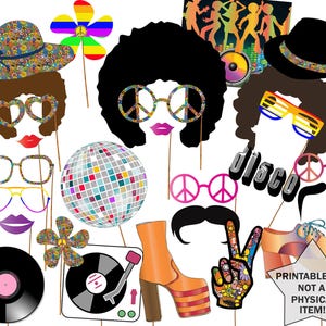 Accessoires de photomaton pour la fête des années 70 : « DISCO PARTY PROPS » Boule à facettes hippie, fête disco, perruque afro PDF imprimable, photomaton des années 70, thème des années 70