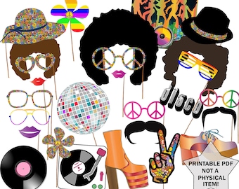 70er Party Party Photo Booth Requisiten: &quot;DISCO PARTY PROPS&quot; Hippie Party Disco Fever Disco Ball Afro Perücke Printable pdf 1970&#39;s Photo Booth 70&#39;s Theme