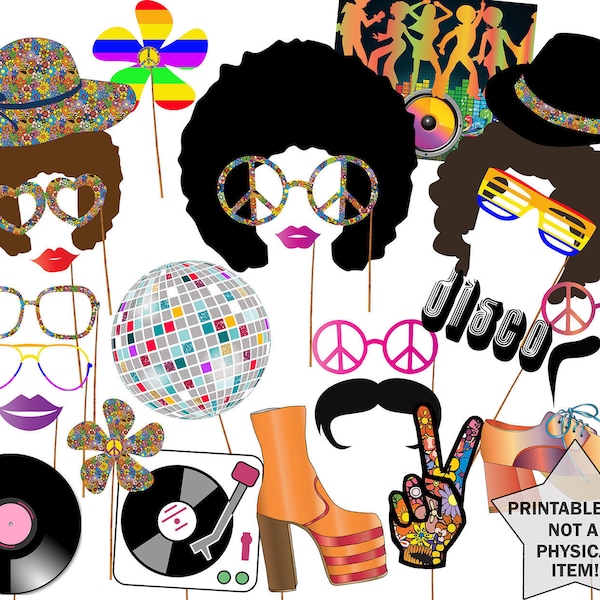 70s Party Photo booth props: "DISCO PARTY PROPS" Hippie Party Disco Fever Disco ball Afro Wig Printable pdf 1970's Photo Booth 70's theme