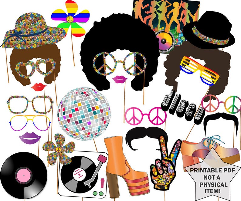 May include: A set of printable photo booth props with a disco theme. The props include a peace sign, a mustache, a disco ball, a flower, a record player, a pair of sunglasses, and a hat. The props are printed on white paper and have a black outline.