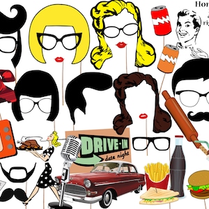 50s Party Photo booth props: "BIRTHDAY PARTY PROPS" 1950s Party Photo Booth,Retro Party Props, I love 50's Props,Rock n Roll Party,Printable