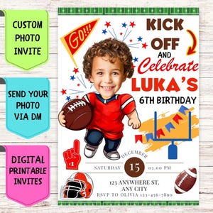 Verjaardagsuitnodiging voetbal, aangepaste gezichtsfoto verjaardagsuitnodiging, digitale gepersonaliseerde feestkaart voor voetbalfeest kinderverjaardag