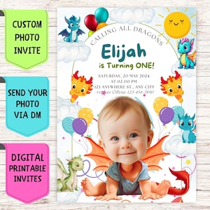 Convite de aniversário de dragão, convite de aniversário com foto de rosto personalizado, cartão de celebração digital personalizado para festa de aniversário infantil Diragon