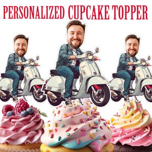 Man Driving Scooter Cupcake Topper Personalized Scooter Rider Face Topper Printable Custom Photo Scooter Cupcake Topper Birthday Decor